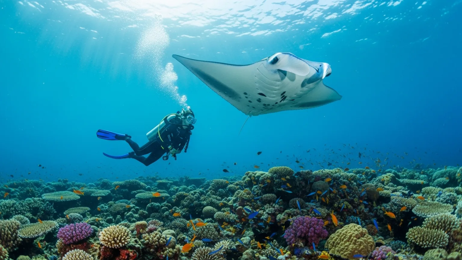 Komodo diving tour — diver over coral reef with manta ray at Manta Point